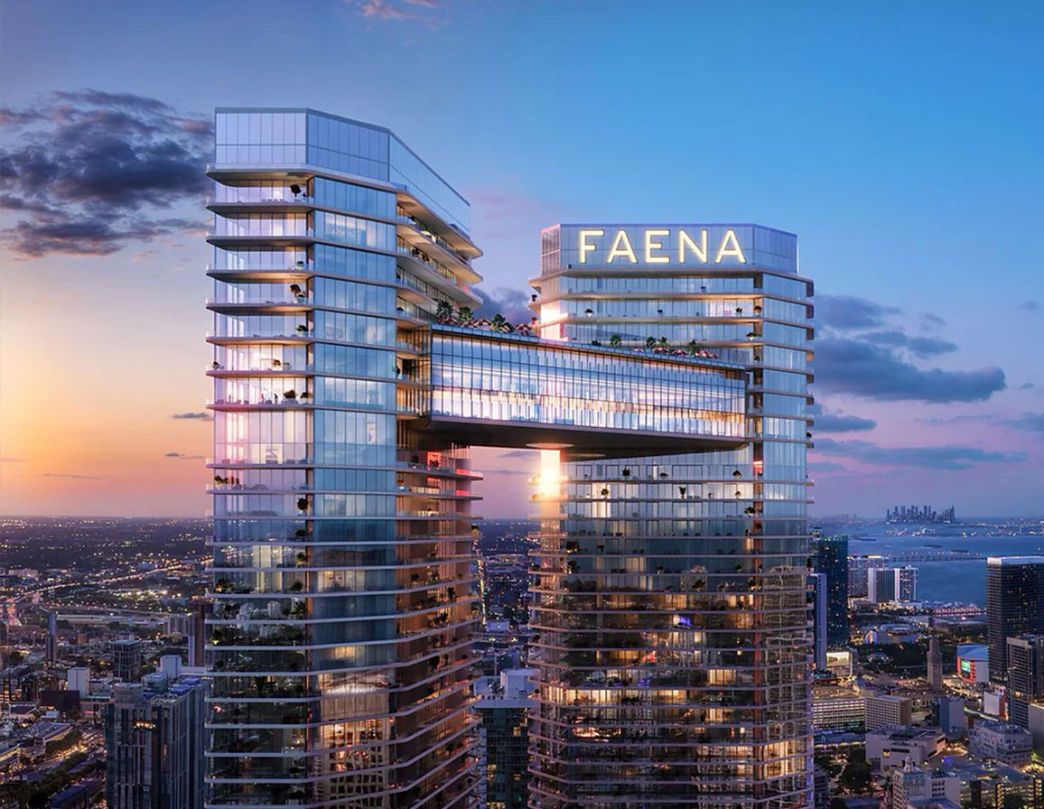 Faena Residences luxury towers in Miami at sunset, with modern architectural design, palm trees and river view.