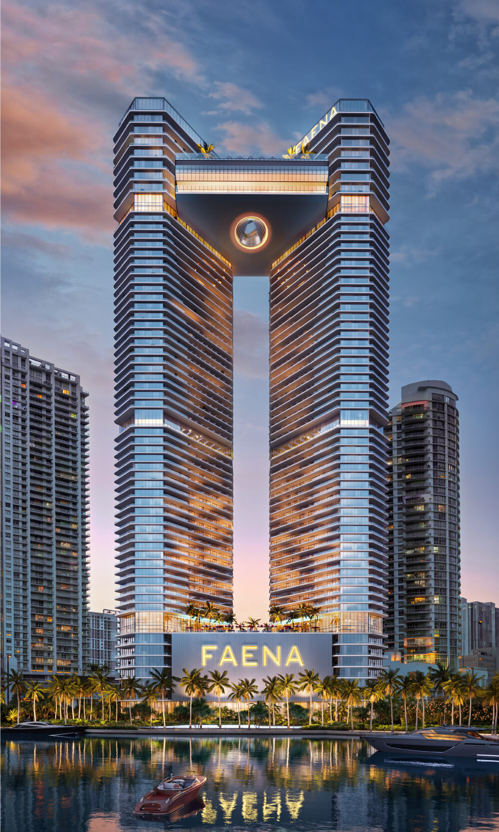 Faena Residences luxury towers in Miami at sunset